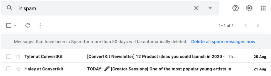 Screenshot of Spam Folder showing 2 additional emails from ConvertKit