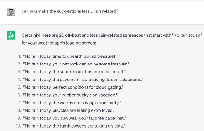 fabian: can you make the suggestions less... rain-related?