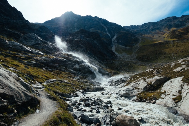 Out the other end of the Pitztal, and back up the mountain. This waterfall, that river, its source is all in a glacier.
