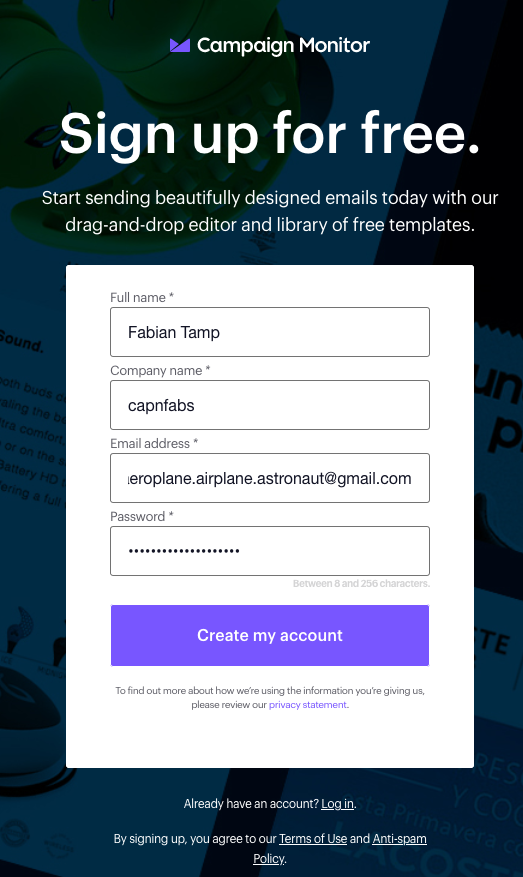 Screenshot of CampaignMonitor's sign-up screen