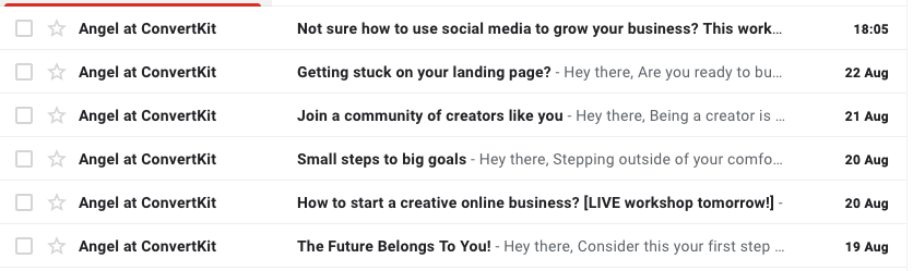 Screenshot of Inbox showing six emails from ConvertKit