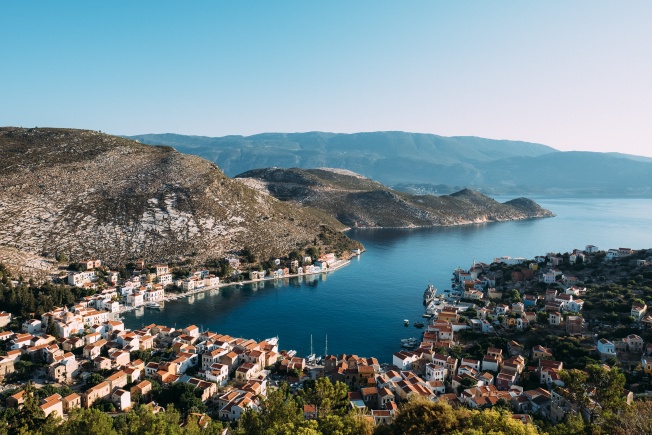 An aerial photo of the main bay in Kastellorizo