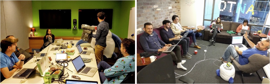 Team photos. On the left, you can see me stuffing T-shirts into Barry, the friendly office bean-bag shark.