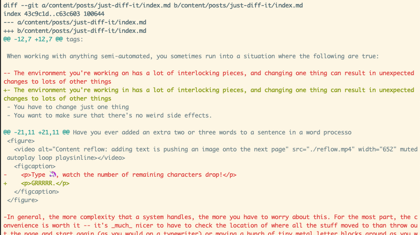 Diffing changes from the last saved draft of this article. This is a newer version of that same &lsquo;diff&rsquo; program, initially released in the 1970s.