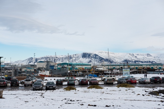 A carpark, with a snowy mountain in the background
