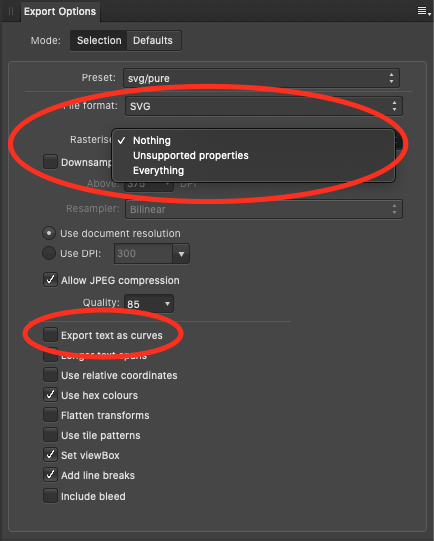 Affinity Designer&rsquo;s &lsquo;Export Options&rsquo; panel.