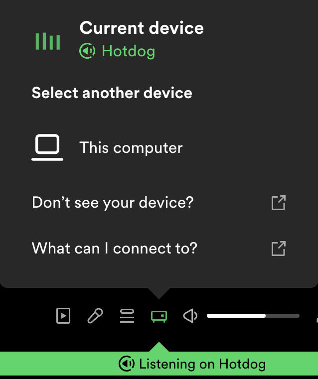 A screenshot of the Spotify UI showing an attached network device named 'Hotdog'