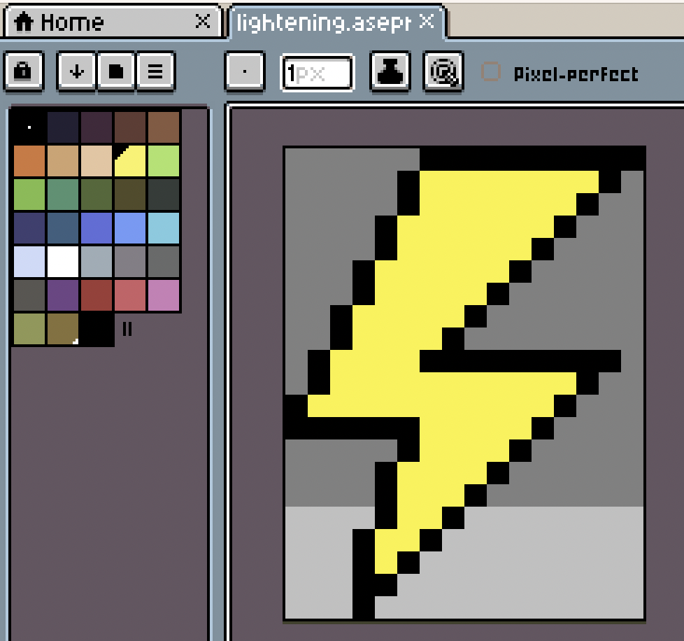 a screenshot from Aseprite showing a lightning bolt design