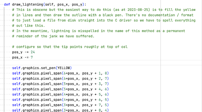 A screenshot of extremely repetitive code drawing a lightning bolt line by line.