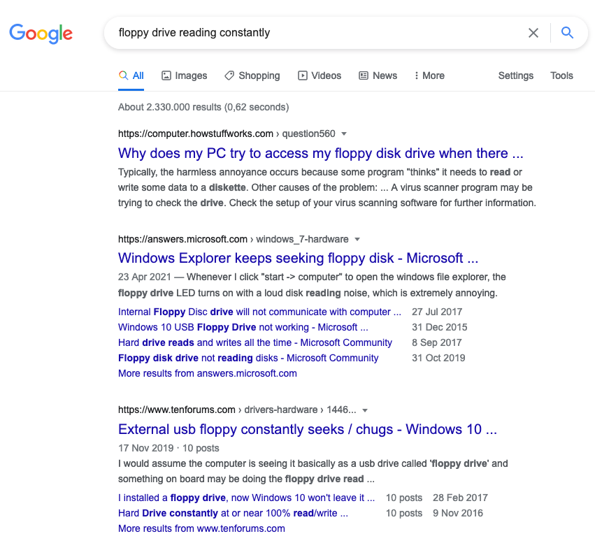 Google Search: Floppy drive reading constantly.