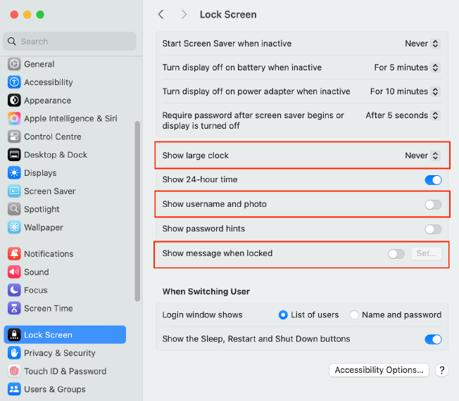 lock screen preferences showing that 'show large clock', 'show username and photo', and 'show message when locked' are all off