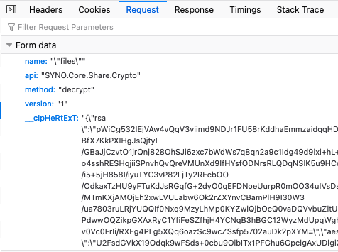 A devtools screenshot, showing a jumbled blob of base64-encoded data with the phrases 'rsa' and 'aes' sprinkled throughout.