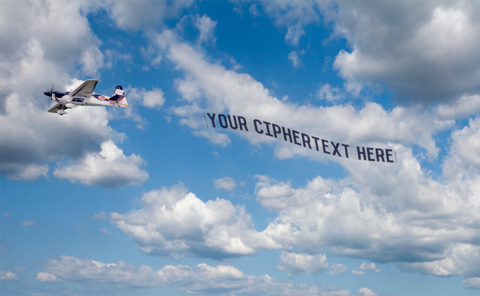 A propeller plane with a banner reading 'your ciphertext here'